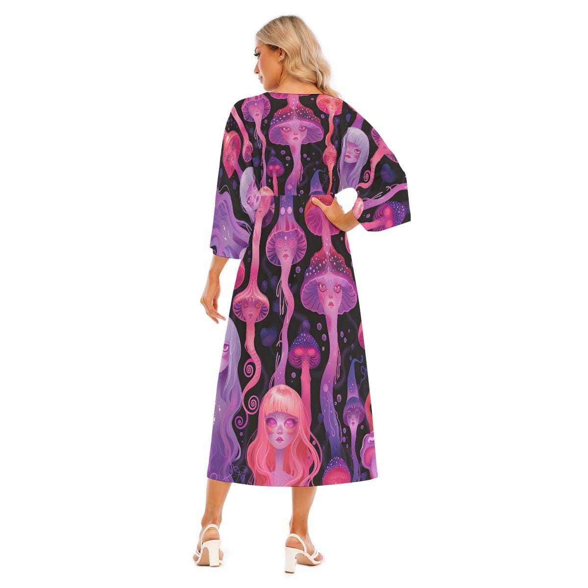 Anime Neon Jellyfish Laava Lamp Yokai Rave Liquid Drip V Neck Maxi Dress