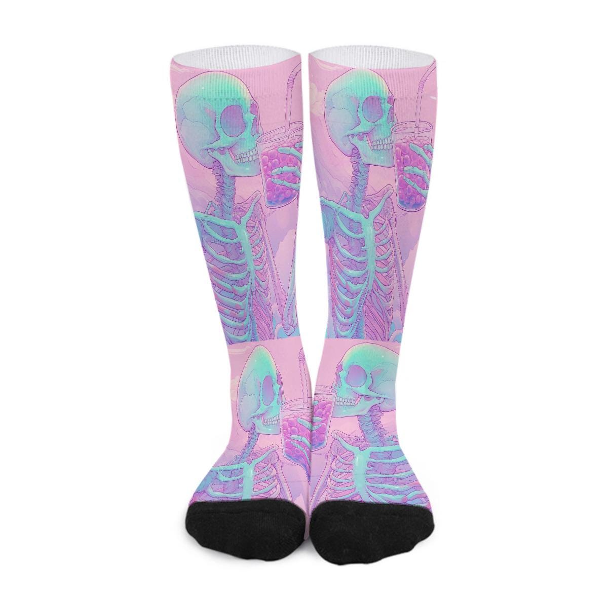 Skeleton Pink Lilac Lavender Pastel Boba Tea All-Over Print Color Matching Crew Socks
