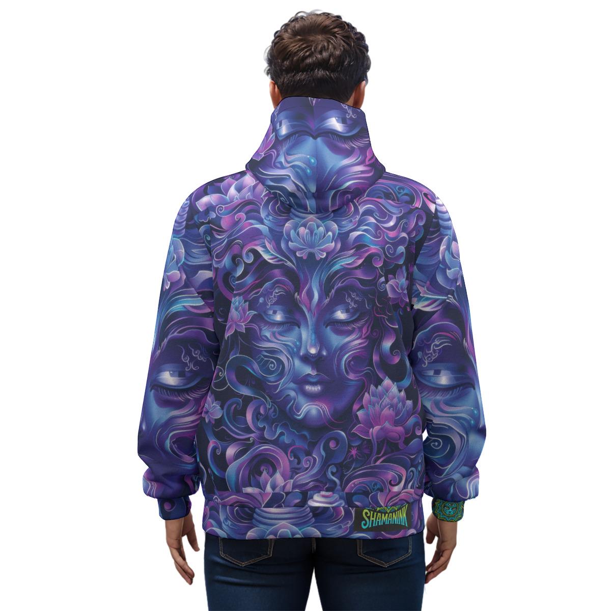 Purple Ultramarine Deep Blue Woodland Face Shaman Wiccan Swirl Goddess Cotton All over Print Zip Hoodie