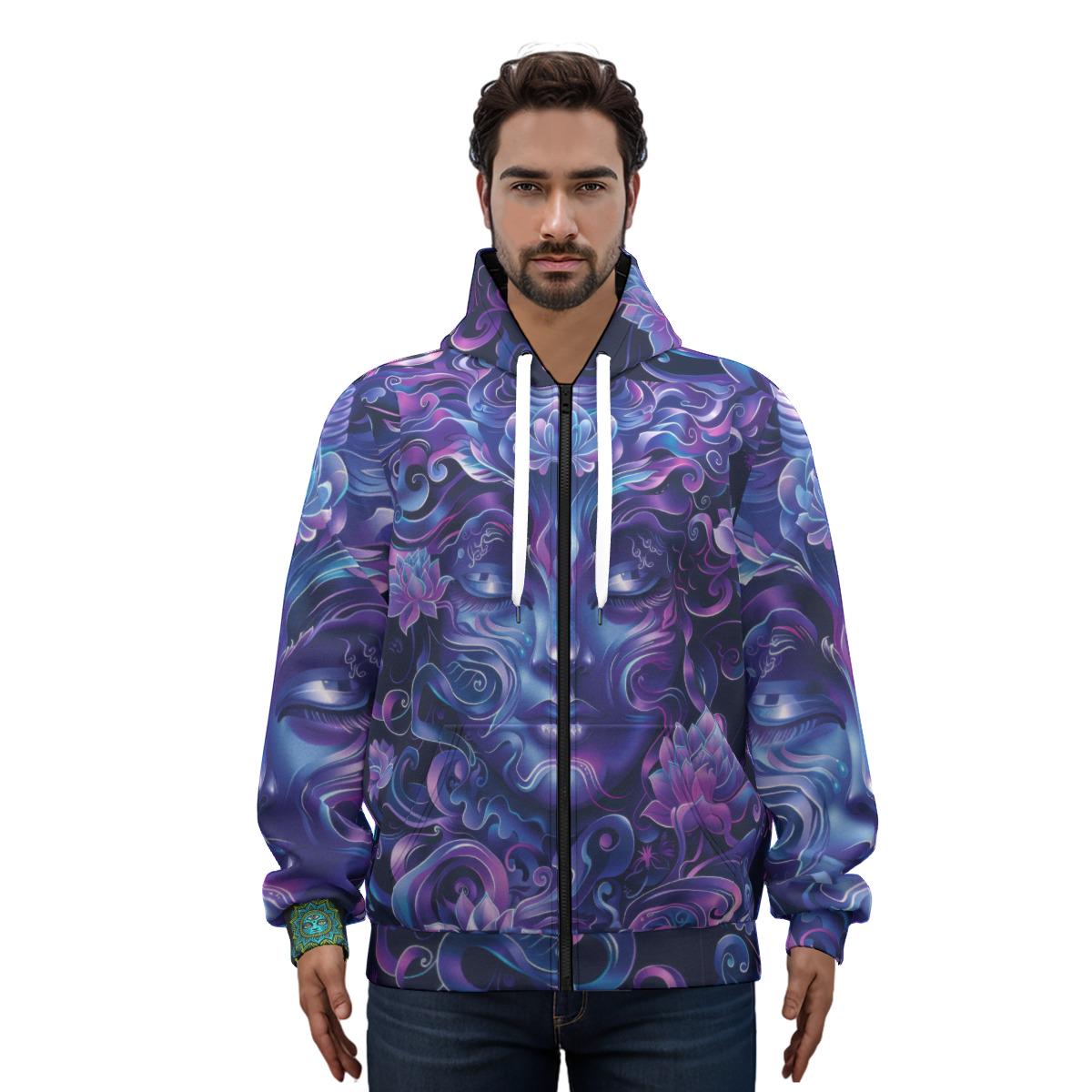 Purple Ultramarine Deep Blue Woodland Face Shaman Wiccan Swirl Goddess Cotton All over Print Zip Hoodie