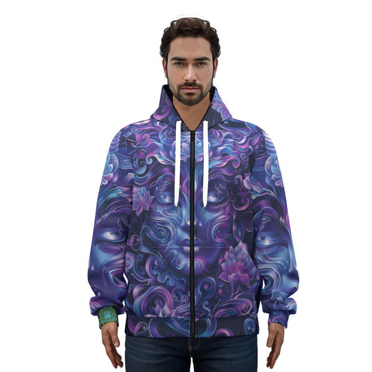Purple Ultramarine Deep Blue Woodland Face Shaman Wiccan Swirl Goddess Cotton All over Print Zip Hoodie