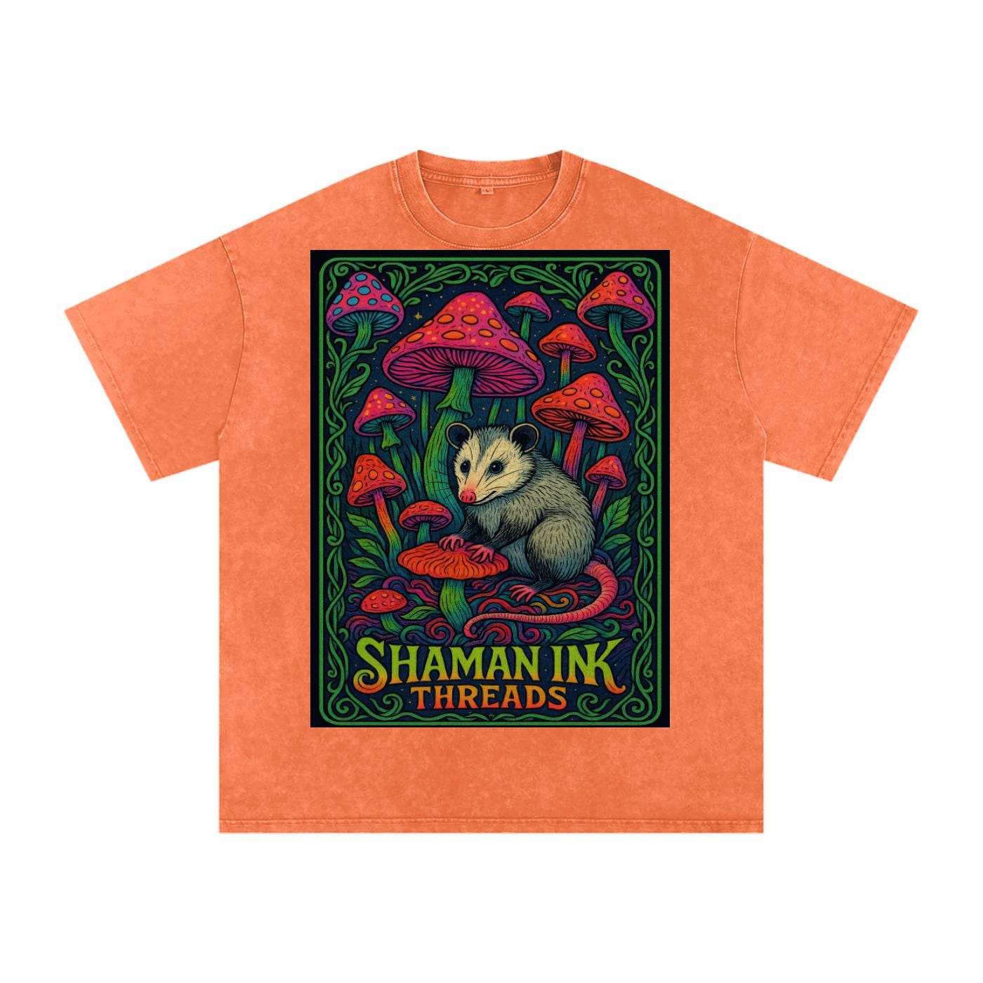 Dark Opossum Night Mushroom Field Vine Border Psychedelic Shaman Ink Poster Acid Wash Oversize T-Shirt