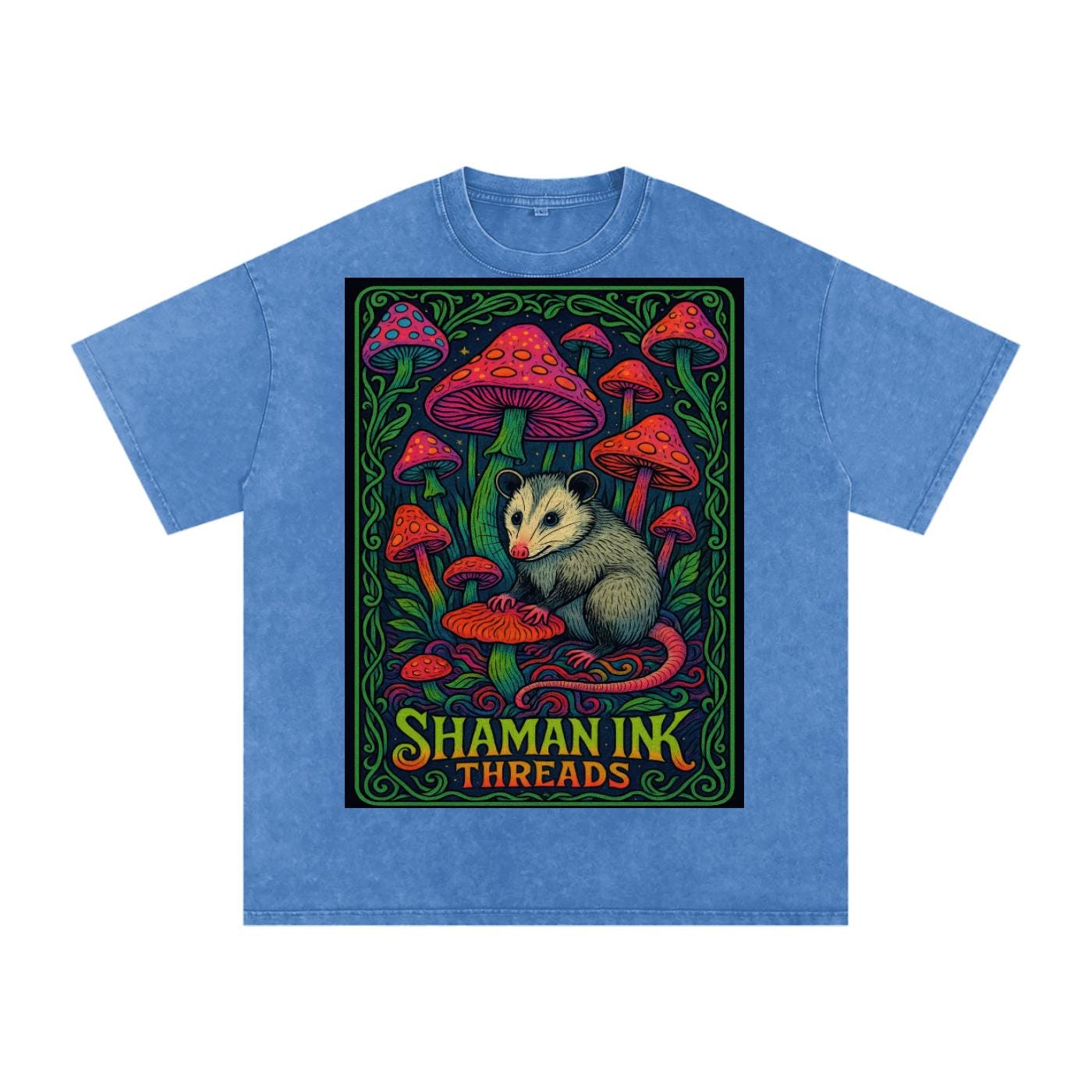Dark Opossum Night Mushroom Field Vine Border Psychedelic Shaman Ink Poster Acid Wash Oversize T-Shirt