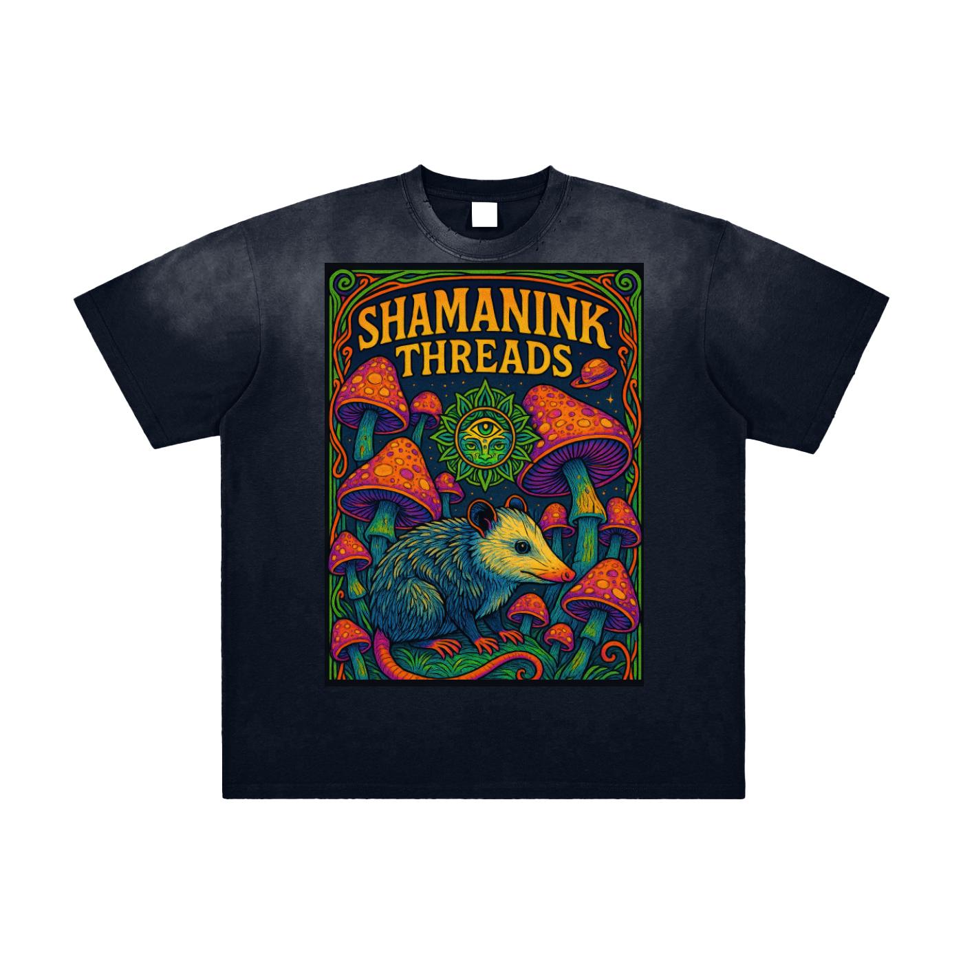 Opossum Mushroom Sky Psychedelic Shaman Ink Art Nouveau Bordered Vintage Washed Frayed T-Shirt