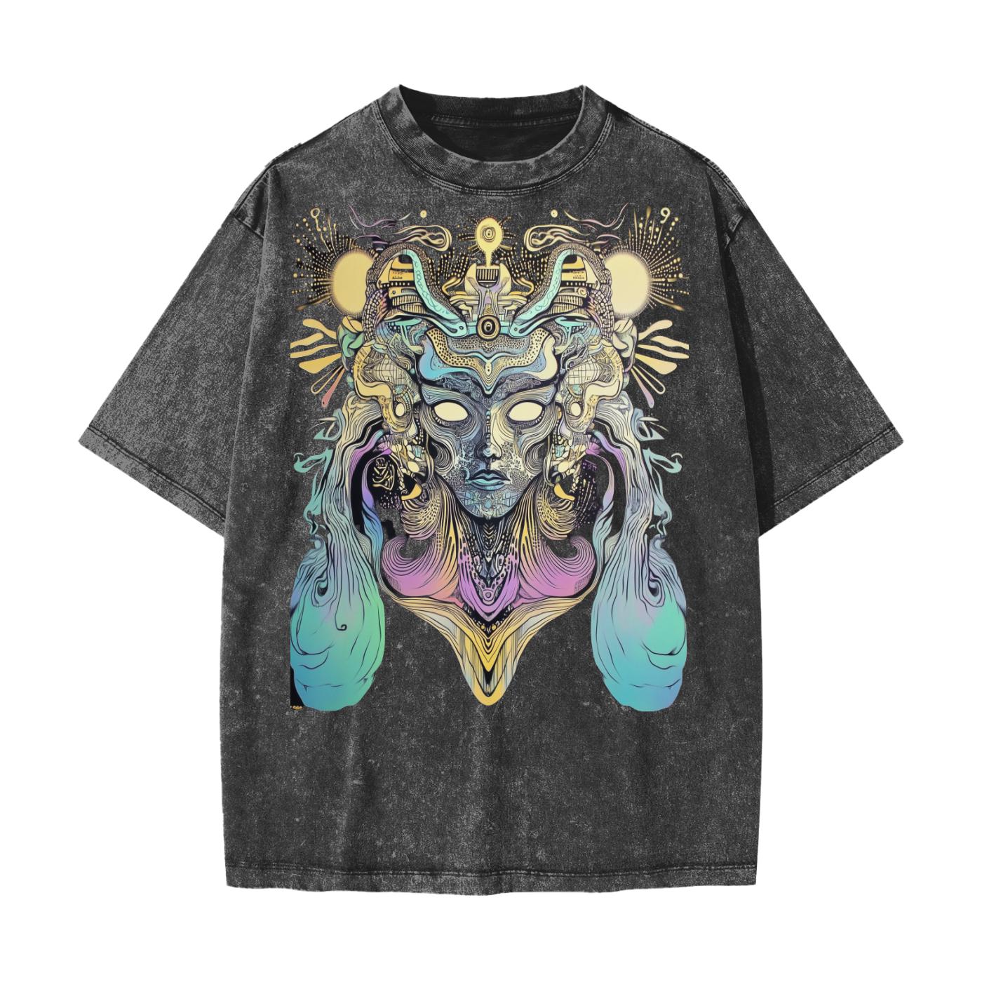 Sun Atlantean Psychedelic Tribal Shaman Entity Psy Festival Streetwear American Vintage Waxed Dyed Washed  Heavyweight 100% Cotton T-Shirt