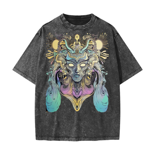 Sun Atlantean Psychedelic Tribal Shaman Entity Psy Festival Streetwear American Vintage Waxed Dyed Washed  Heavyweight 100% Cotton T-Shirt