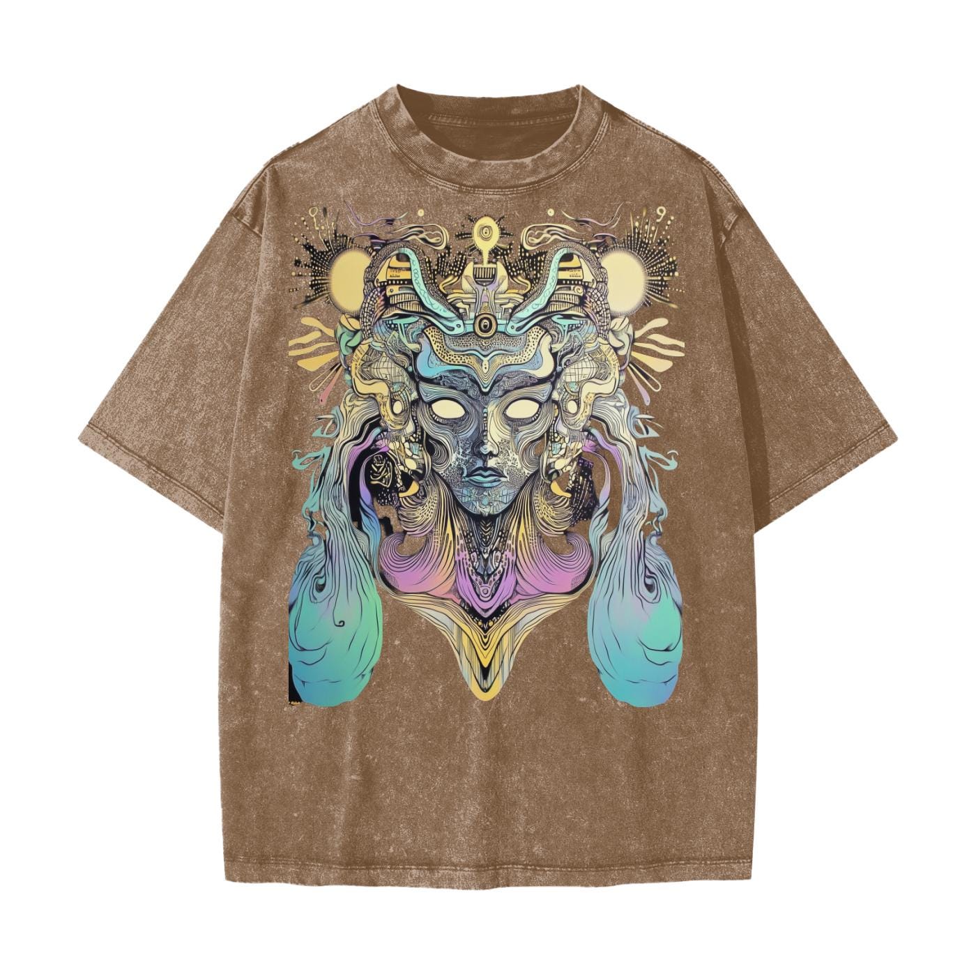 Sun Atlantean Psychedelic Tribal Shaman Entity Psy Festival Streetwear American Vintage Waxed Dyed Washed  Heavyweight 100% Cotton T-Shirt