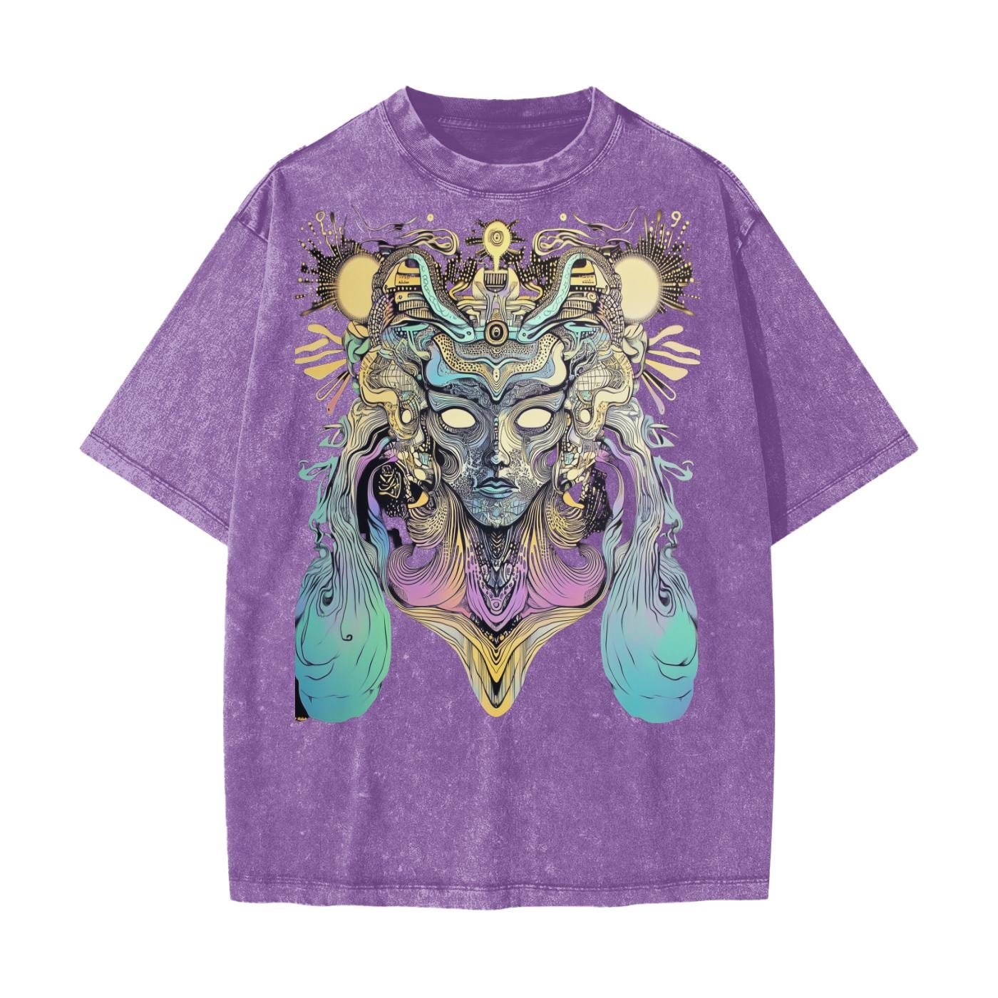 Sun Atlantean Psychedelic Tribal Shaman Entity Psy Festival Streetwear American Vintage Waxed Dyed Washed  Heavyweight 100% Cotton T-Shirt