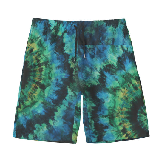 Green Blue Teal Tie Dye Burst Boho Beach Ocean Swim Trunks All-Over Print Men‘s Beach Shorts With Lining