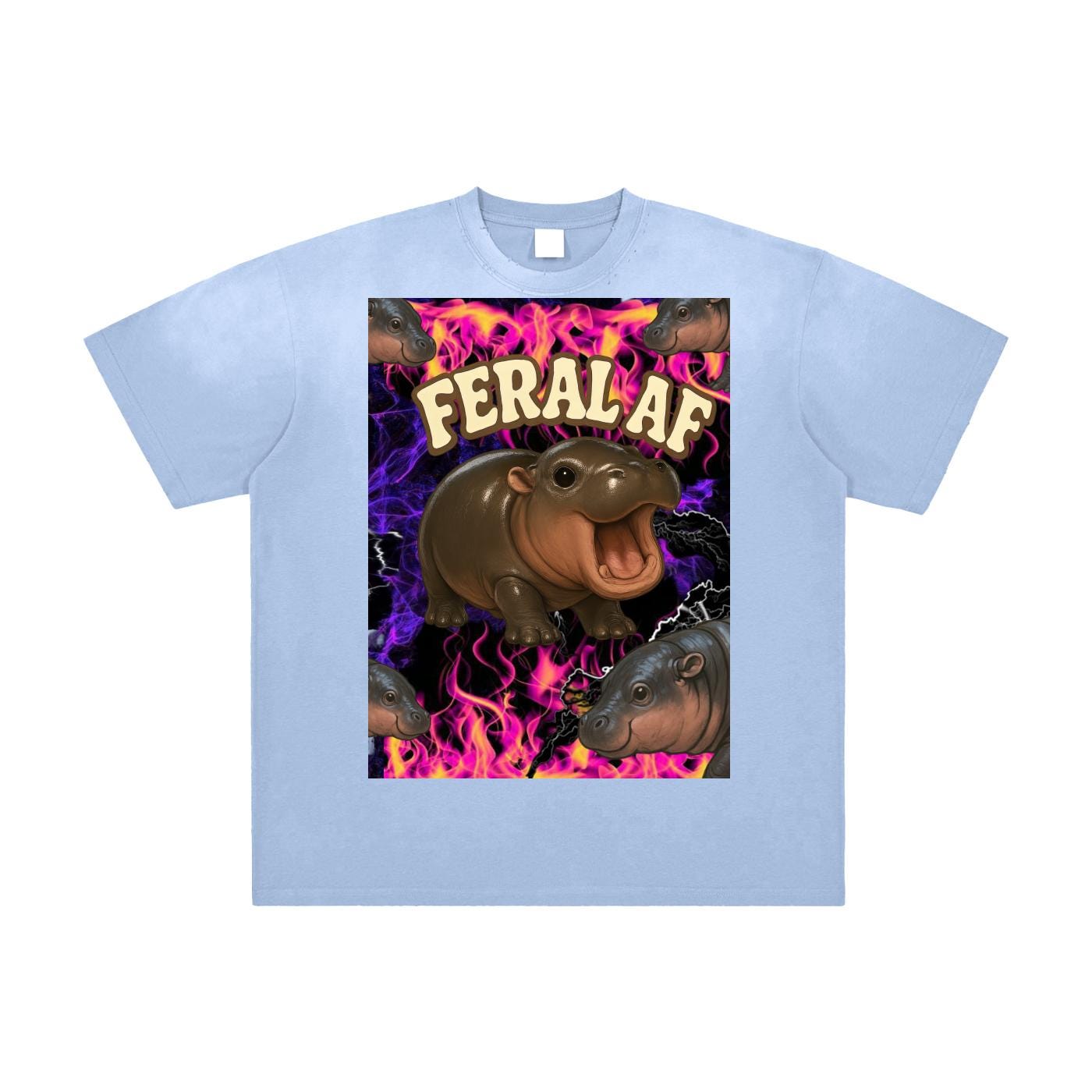 Feral AF Moo Deng Purple Pink Flames Storm Graphic Tee Kawaii Chibi Vintage Washed Frayed T-Shirt