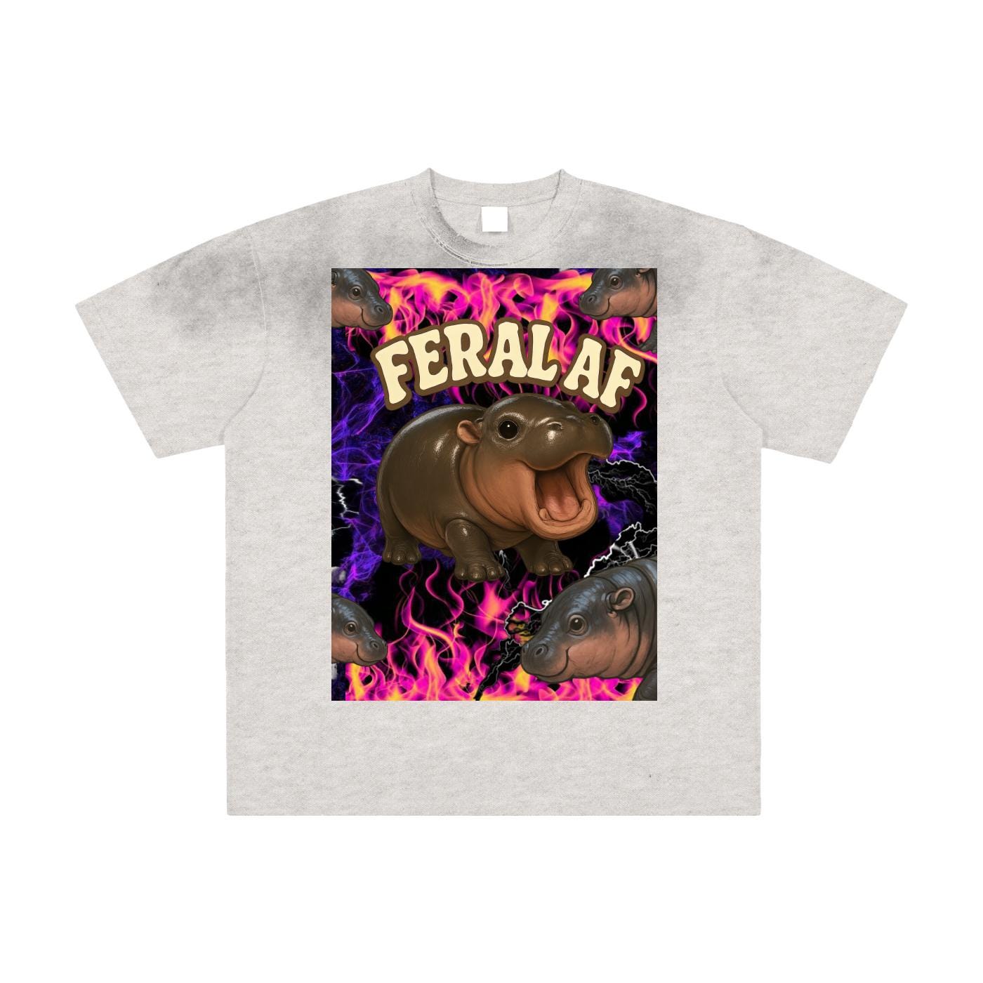Feral AF Moo Deng Purple Pink Flames Storm Graphic Tee Kawaii Chibi Vintage Washed Frayed T-Shirt