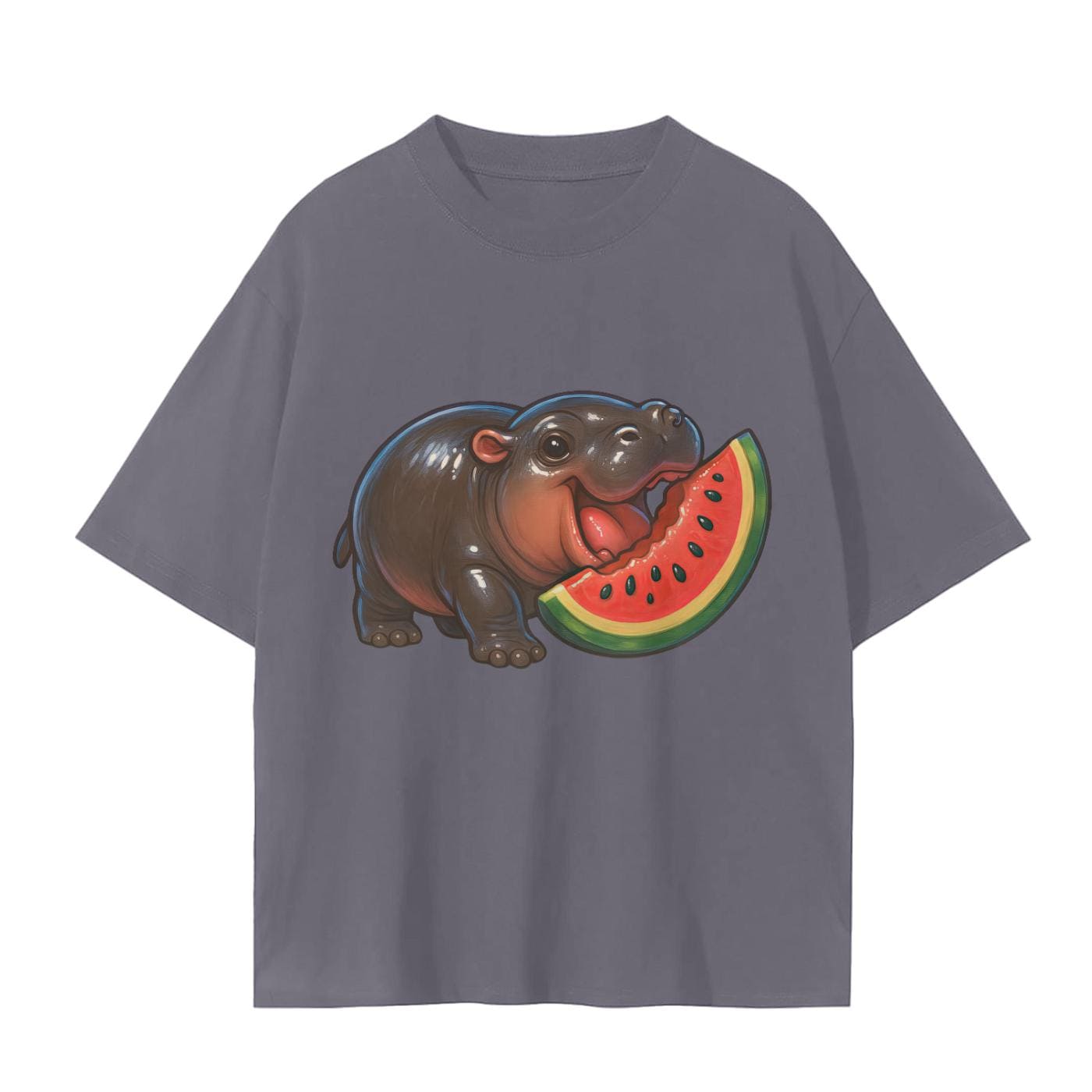MooDeng Eating Melon Fruit Summer cute Chibi Baby Hippo Graphic Unisex Seamless T-Shirt