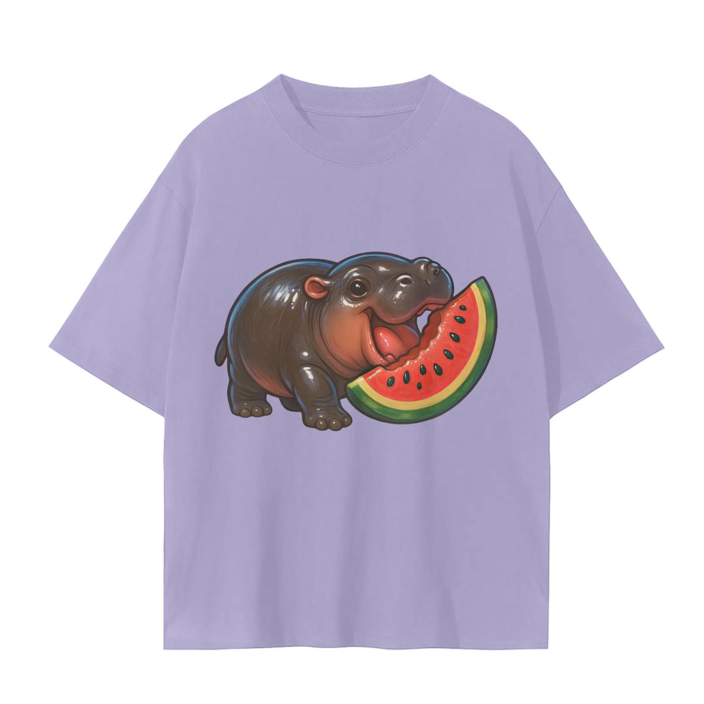 MooDeng Eating Melon Fruit Summer cute Chibi Baby Hippo Graphic Unisex Seamless T-Shirt