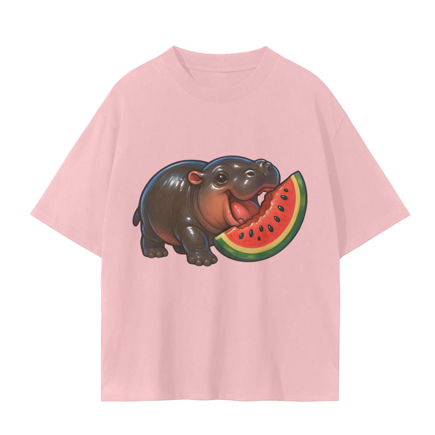 MooDeng Eating Melon Fruit Summer cute Chibi Baby Hippo Graphic Unisex Seamless T-Shirt