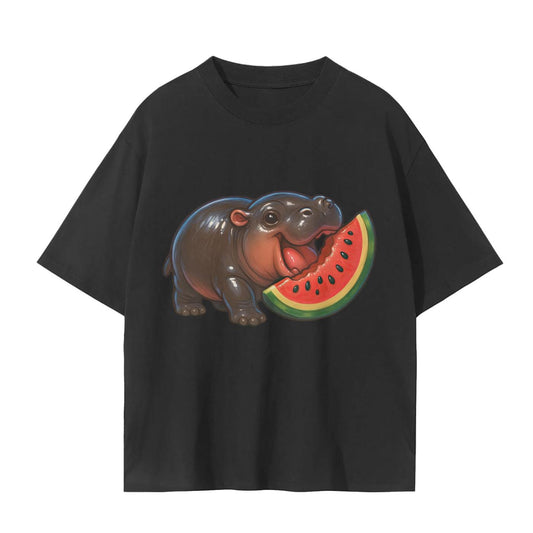MooDeng Eating Melon Fruit Summer cute Chibi Baby Hippo Graphic Unisex Seamless T-Shirt