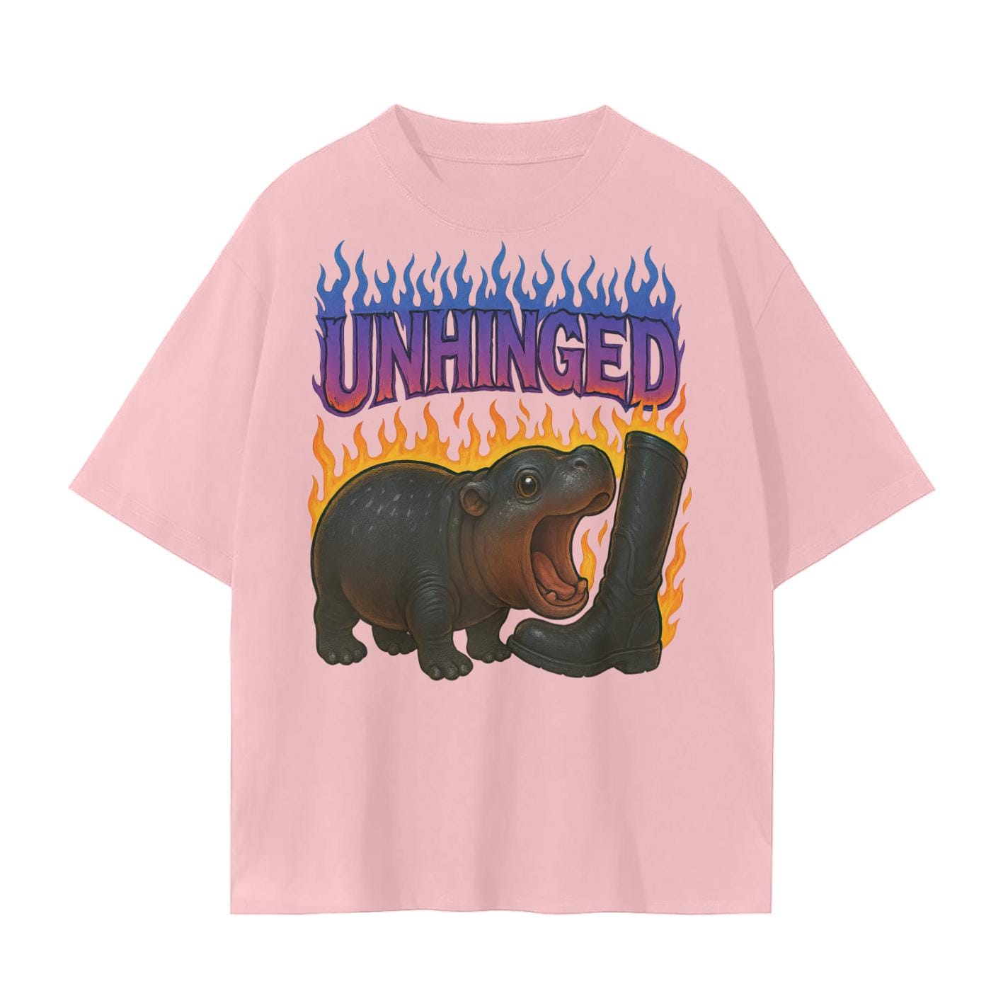 Moo Deng Baby Hippo Tee  Purple Flames Biting Boot Unisex Graphic Shirt