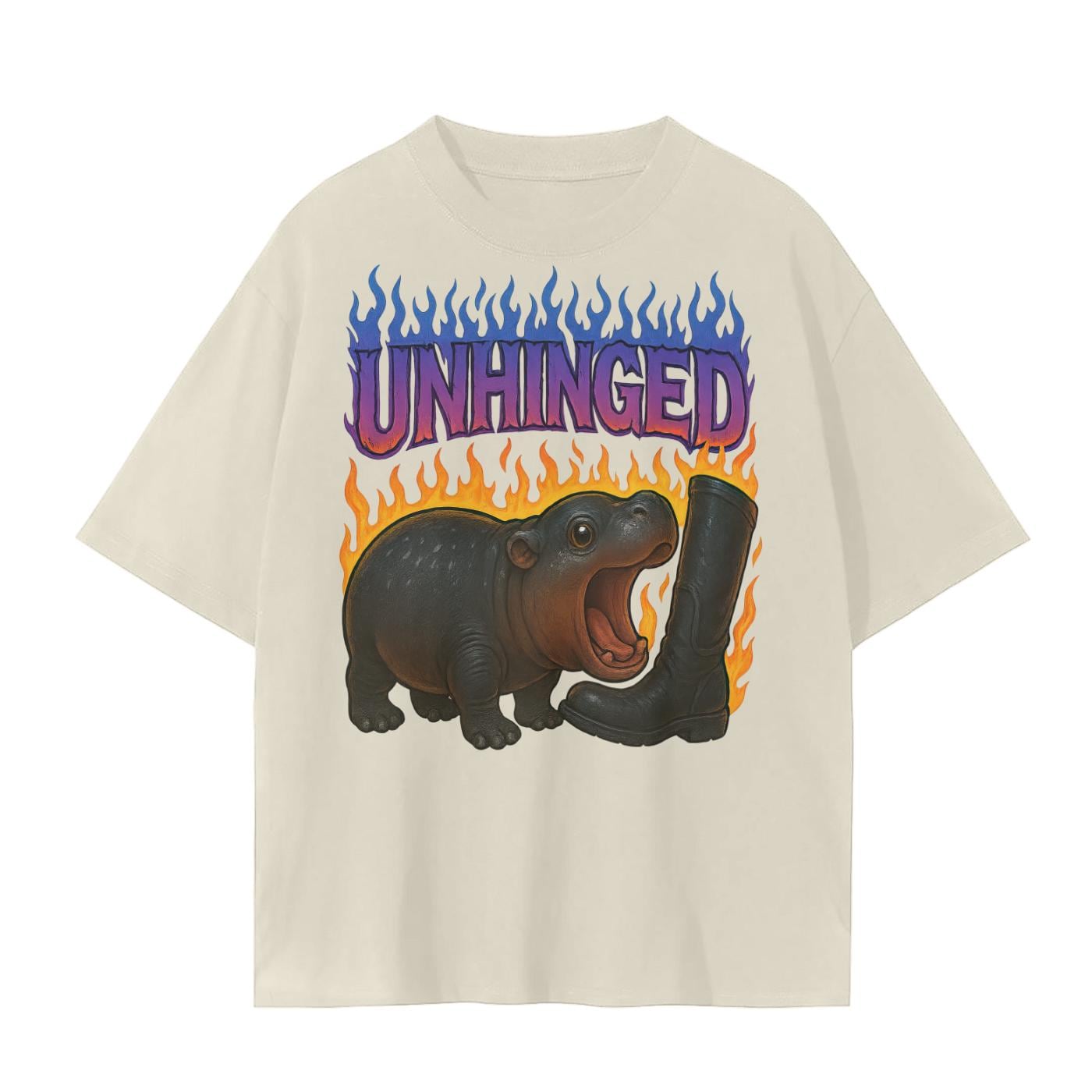 Moo Deng Baby Hippo Tee  Purple Flames Biting Boot Unisex Graphic Shirt