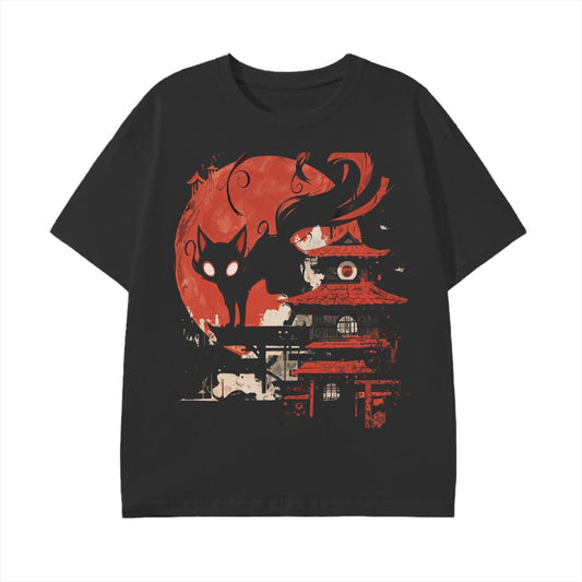 Shadow Cat & Blood Moon Yokai Anime Tee | Japanese Graphic T-Shirt
