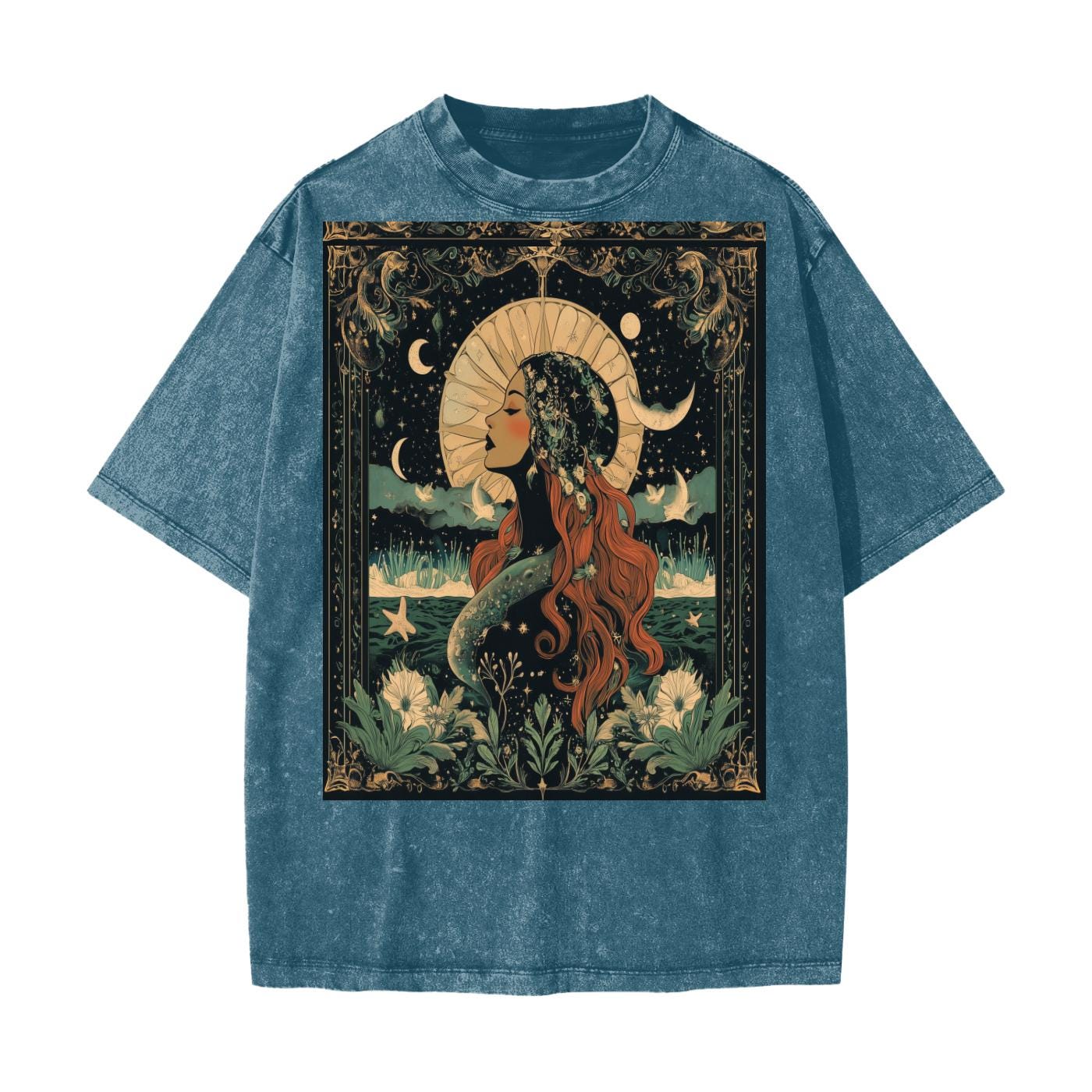 Green acid wash grunge t-shirt featuring moonlight river art nouveau graphic for rave festival wear