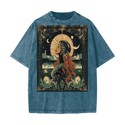 Green acid wash grunge t-shirt featuring moonlight river art nouveau graphic for rave festival wear