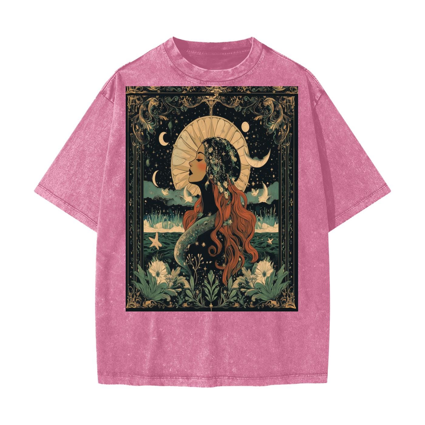 Moonlight Art Nouveau Tee – Green Acid Wash Rave Top