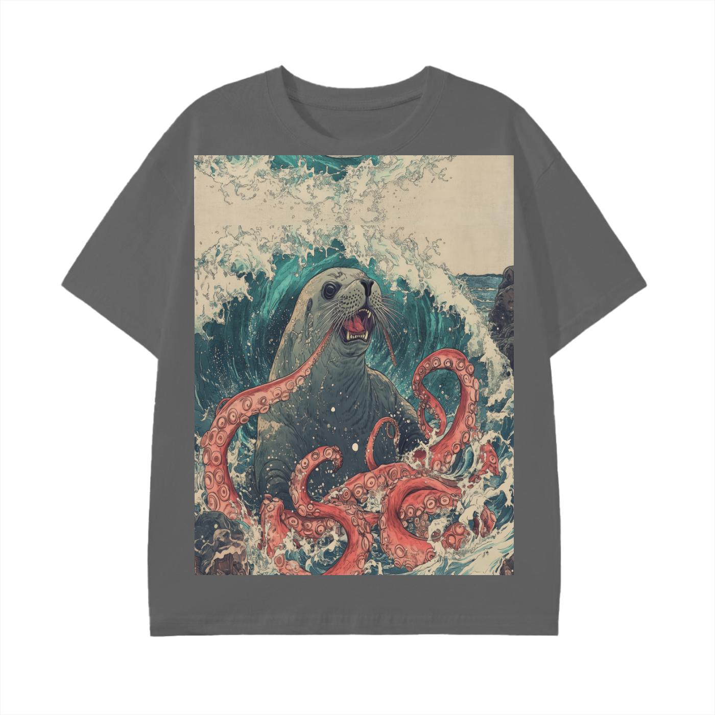 Seal Kraken Edo Japan Ocean waves Kaiju Battle Graphic Beach Unisex Classic T-Shirt -Cotton Graphic Tee Shirt