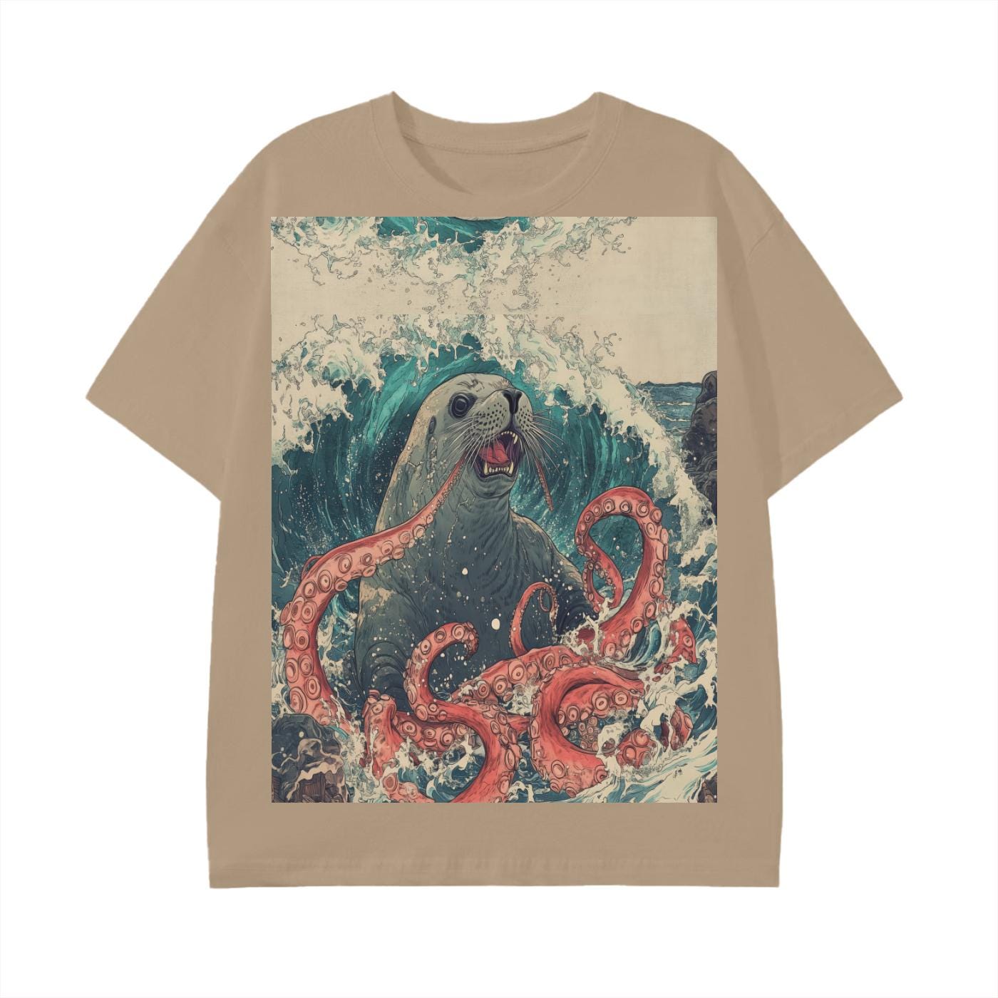 Seal Kraken Edo Japan Ocean waves Kaiju Battle Graphic Beach Unisex Classic T-Shirt -Cotton Graphic Tee Shirt