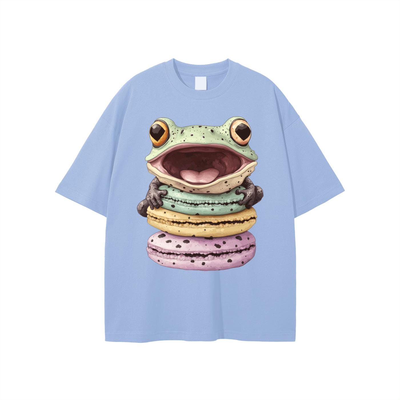 Light blue cotton t-shirt with pastel tree frog and macaron graphic, kawaii streetwear ideal for festivals.