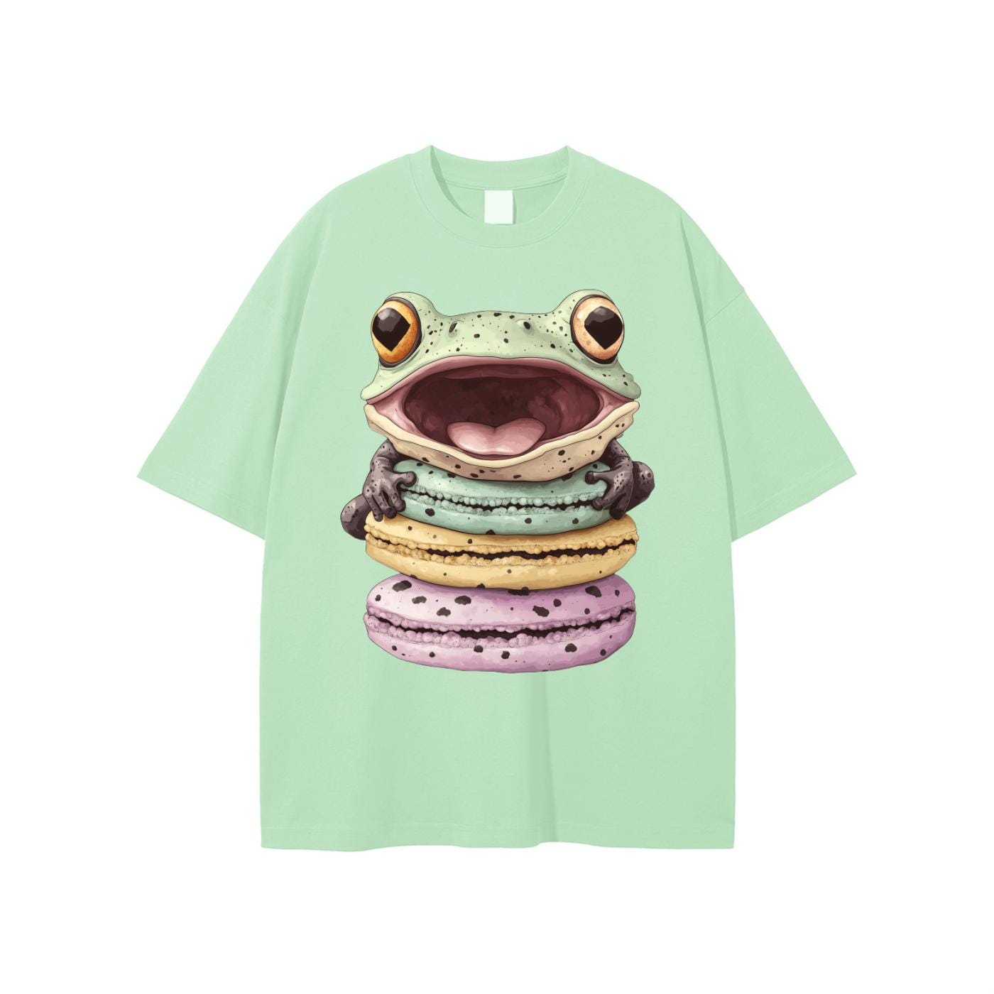 Mint green cotton t-shirt with pastel tree frog and macaron graphic, kawaii streetwear perfect for festivals.
