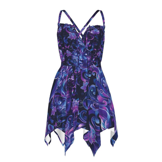 Ultramarine purple strappy dress featuring enchanted forest deity print for rave festivals

