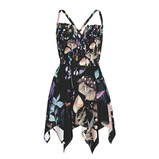 Mushroom Cottagecore Black Rose Drip Woodland Goth Drip Strappy Dark Festival Psy trance Rave Fairy All-Over Print Women's Slip Dress