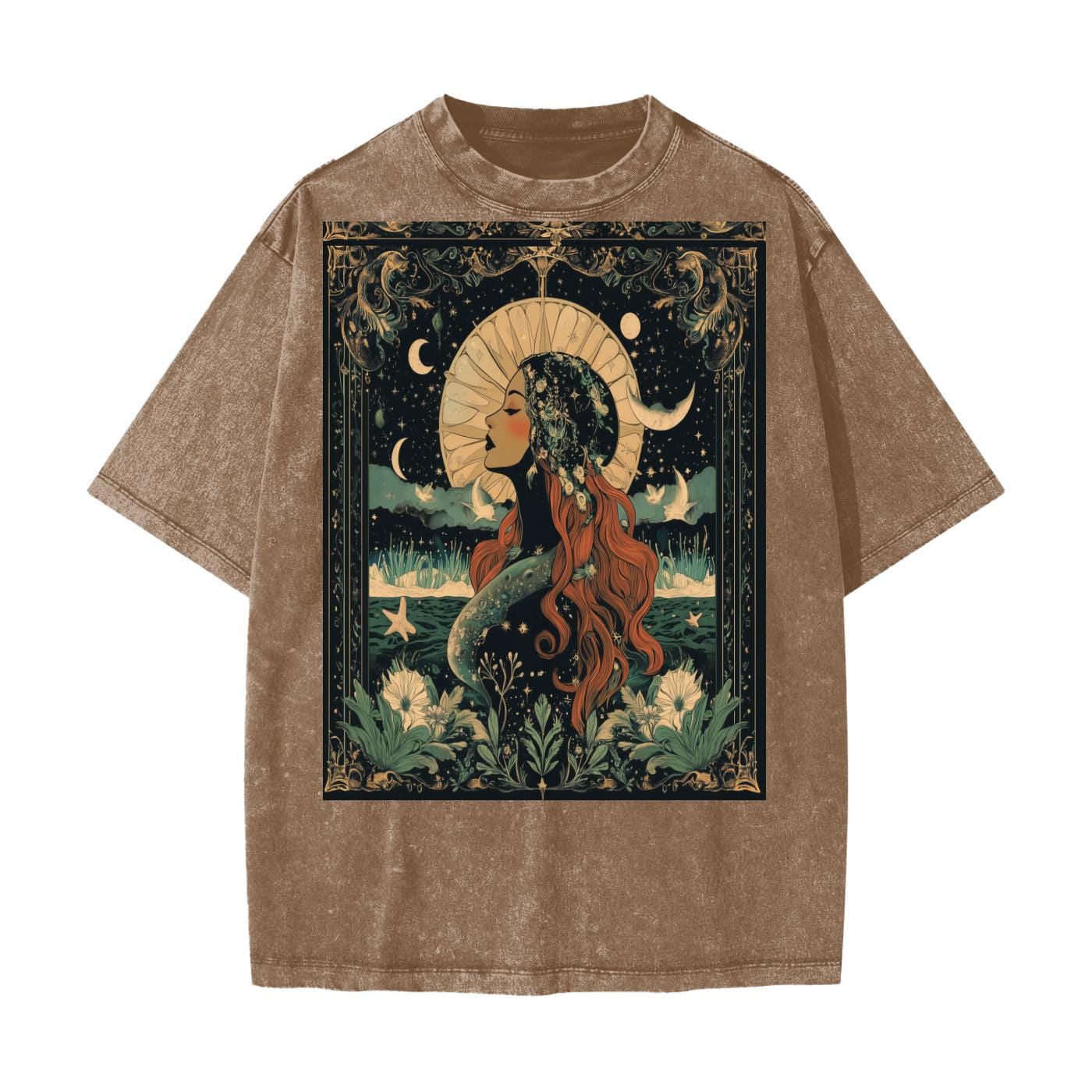 Moonlight Art Nouveau Tee – Green Acid Wash Rave Top