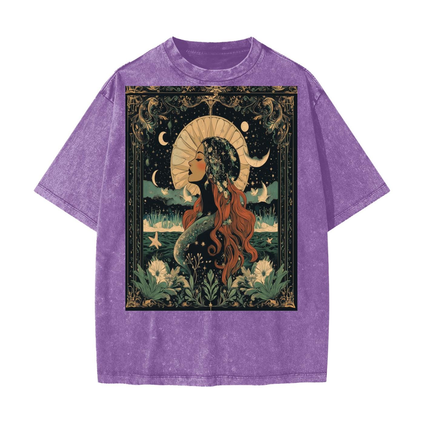 Moonlight Art Nouveau Tee – Green Acid Wash Rave Top