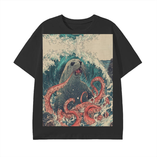 Seal Kraken Edo Japan Ocean waves Kaiju Battle Graphic Beach Unisex Classic T-Shirt -Cotton Graphic Tee Shirt