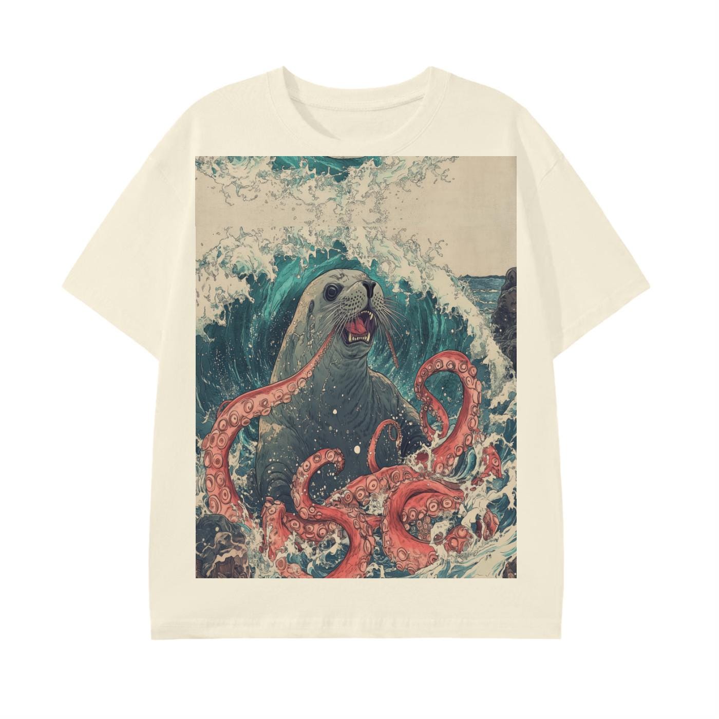 Seal Kraken Edo Japan Ocean waves Kaiju Battle Graphic Beach Unisex Classic T-Shirt -Cotton Graphic Tee Shirt