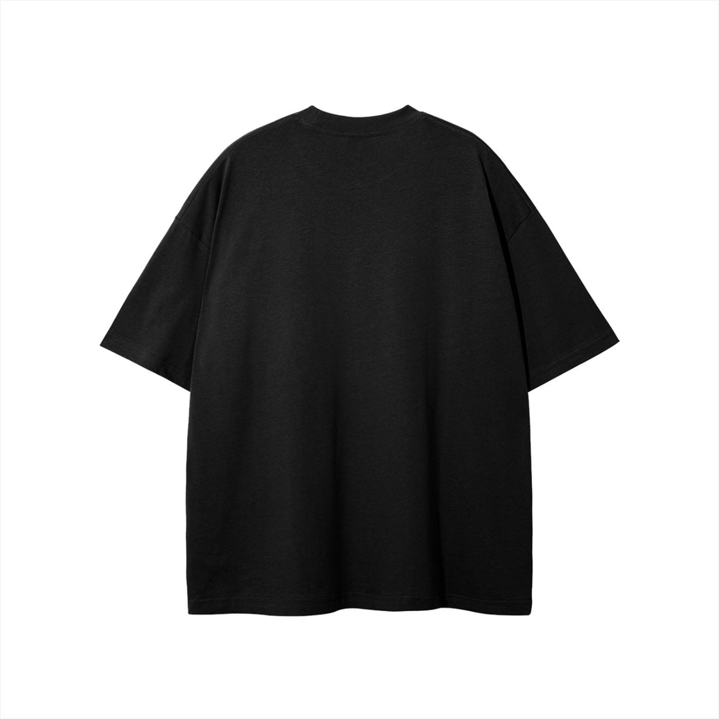Back view of black cotton t-shirt with pastel tree frog and macaron design, kawaii festival streetwear.
