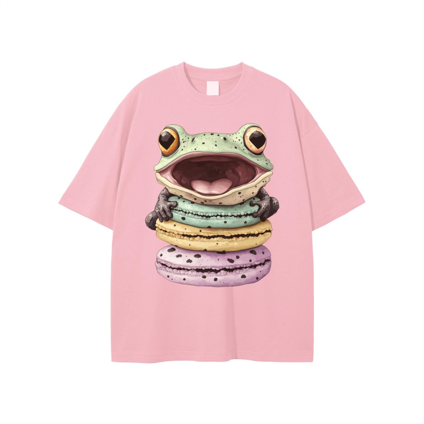 Light pink cotton t-shirt with pastel tree frog and macaron graphic, kawaii streetwear for festivals.