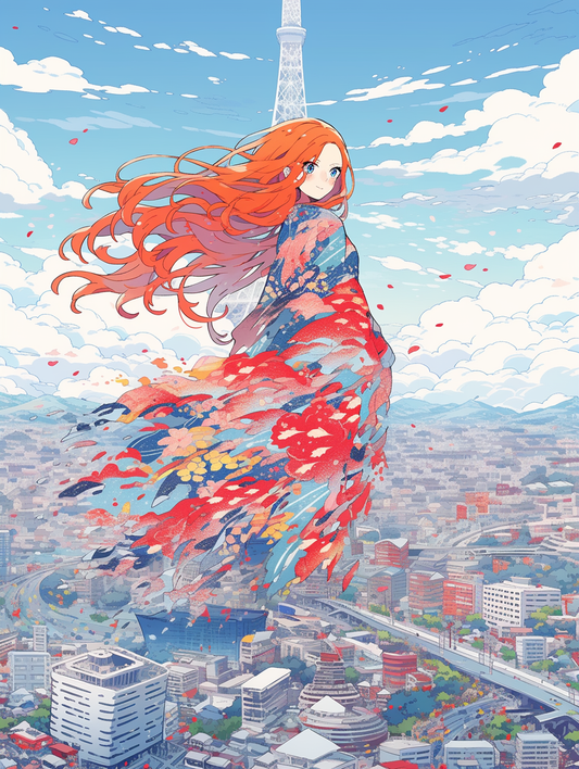 Petal City Anime blue Sky Orange Hair lady goddess