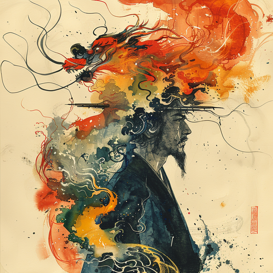 Watercolor Abstract Head Japan Dragon Splatter Sepia Man Unisex Tee