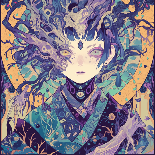 Purple Mustard Yellow Fractal anime avant kimono yuko mystique goddess lady woman Unisex Tee