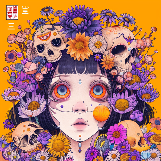 Yellow Mustard Avant Anime Skull Floral Day of The Dead Purple Unisex Tee