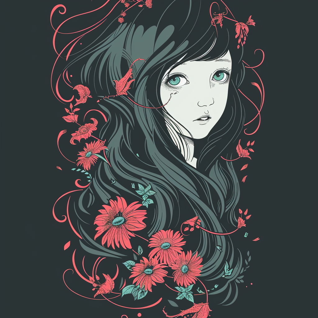 Black Charcoal Grey Floral Girl Profile Anime Unisex Tee