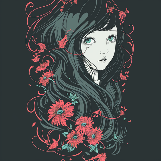 Black Charcoal Grey Floral Girl Profile Anime Unisex Tee