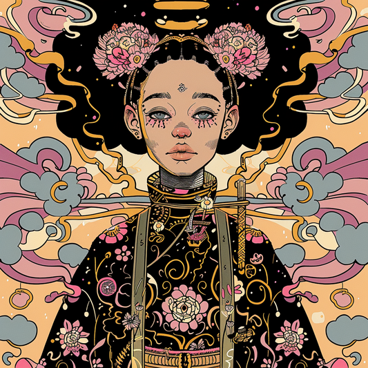 Afro-Japan Kimono Floral Unisex Tee – Beige & Pink Graphic T-Shirt on Soft Bella+Canvas Cotton