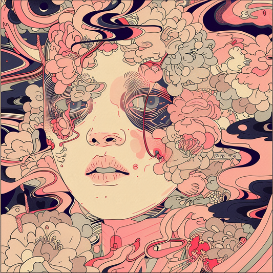 Pink Floral Swirl Face Boho Avant Anime Unisex Tee