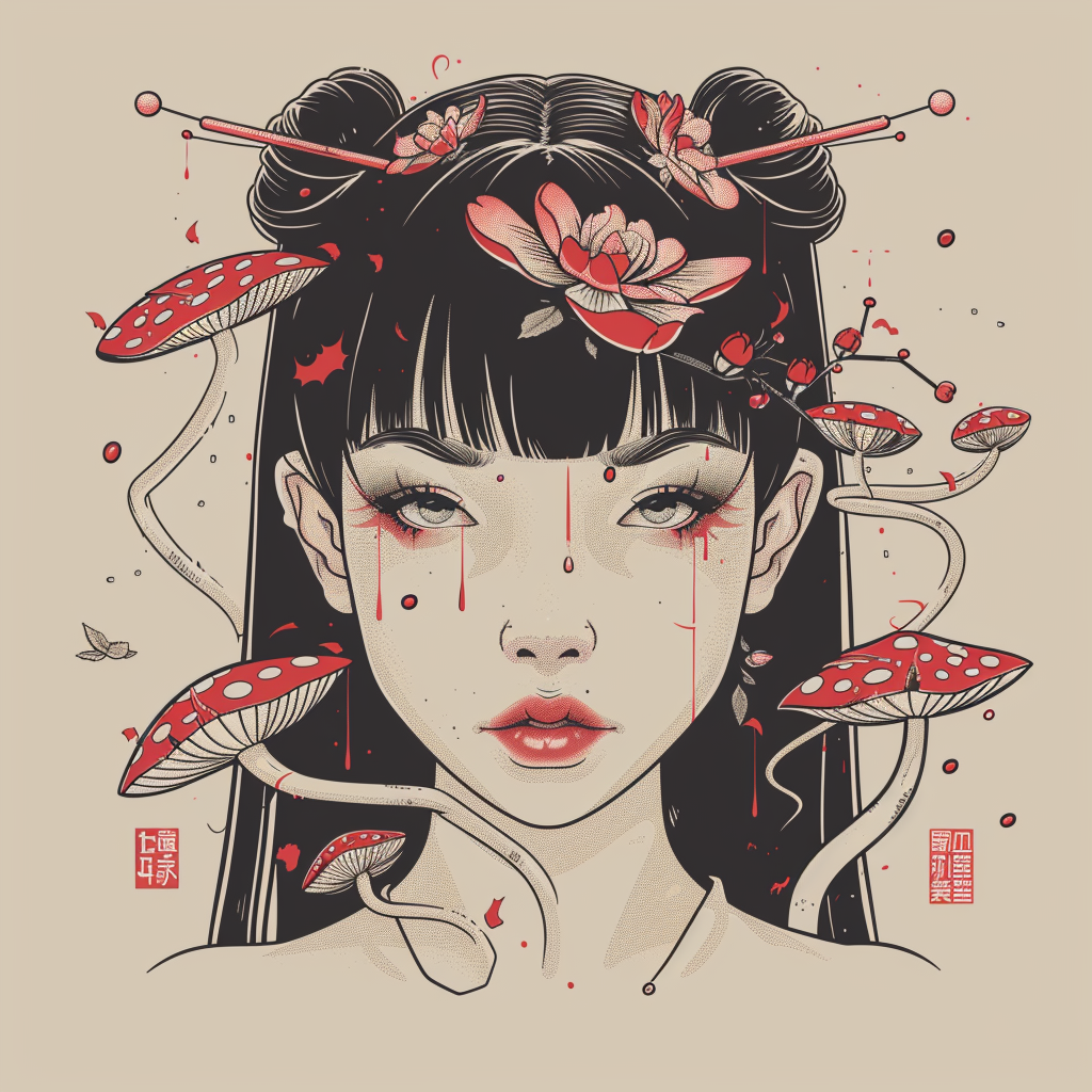 Sepia Mushroom Ink Tattoo Anime Girl Unisex Tee