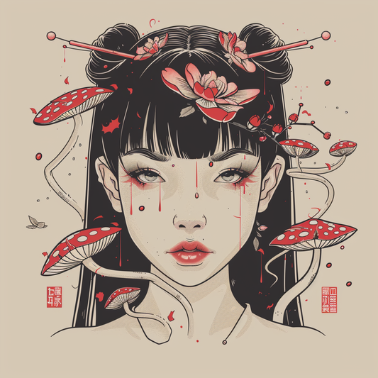 Sepia Mushroom Ink Tattoo Anime Girl Unisex Tee
