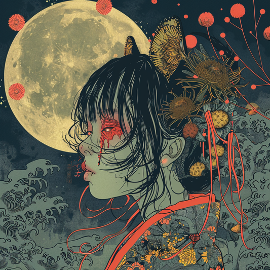 Teal Grey Moon Lady Floral Anime Waves Unisex Tee