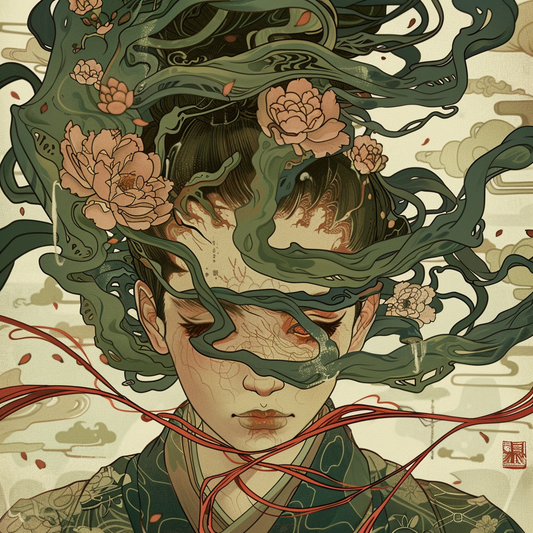Green Snake Lady Goddess Japan Sepia Lotus Ribbons
