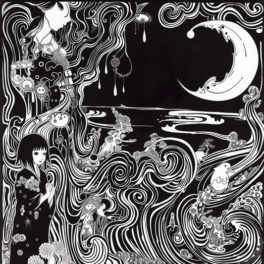 Black White Horror Crescent Moon Swirl Storybook Anime Scene Unisex Tee